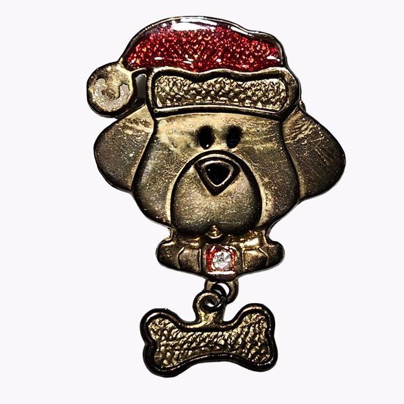 Vintage Santa Dog Brooch Dangle Bone Statement Christmas Fashion Jewelry Women - Picture 1 of 5